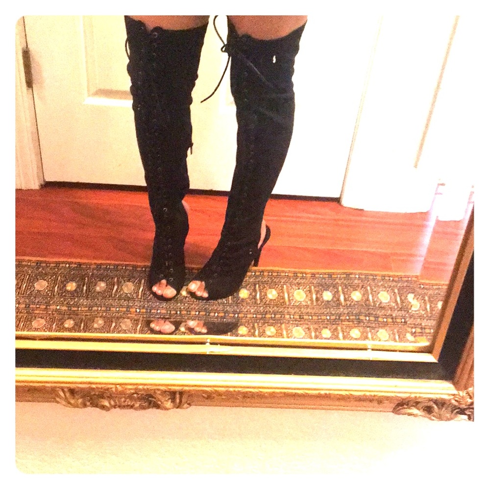 Thigh high lace up peep toe boots